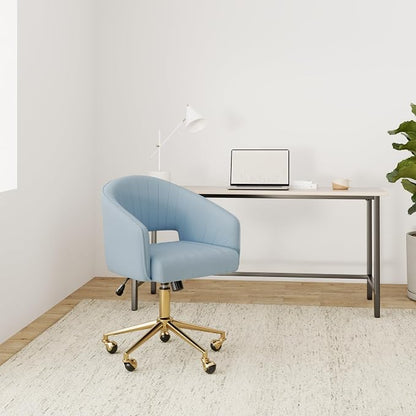 KCC Home Office Chair Swivel Desk Chair Accent Armchair Upholstered Modern Tufted Chairs with Gold Base for Girls Women Ergonomic Study Seat Computer Task Stools, with Wheels, Velvet(Blue)