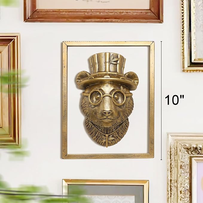 Newinhome Animal Heads Wall Decor (Includes Metal Frame) Resin Animals Sculptures Head Wall Hanging Decoration Gold vintage Wall Sculpture for Living Room Bedroom Office(Panda)