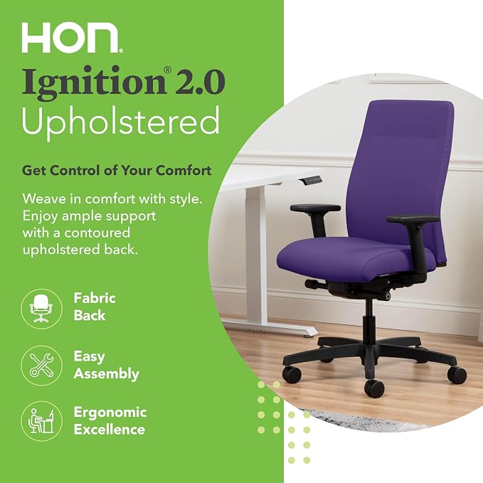 HON Ignition 2.0 Ergonomic Office Chair with Adjustable Arms, Advanced Synchro‑Tilt Recline, Upholstered Desk and Computer Chair for Home Office or Workstation, Black Frame, Iris