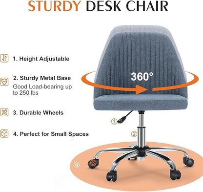 Simple Deluxe Armless Office Desk Chair, Modern Cute Swivel Vanity Chair Comfy Home Office Chairs with Wheels Height Adjustable Rolling Computer Task Stools for Living Room, Make-up, Bedroom, Blue