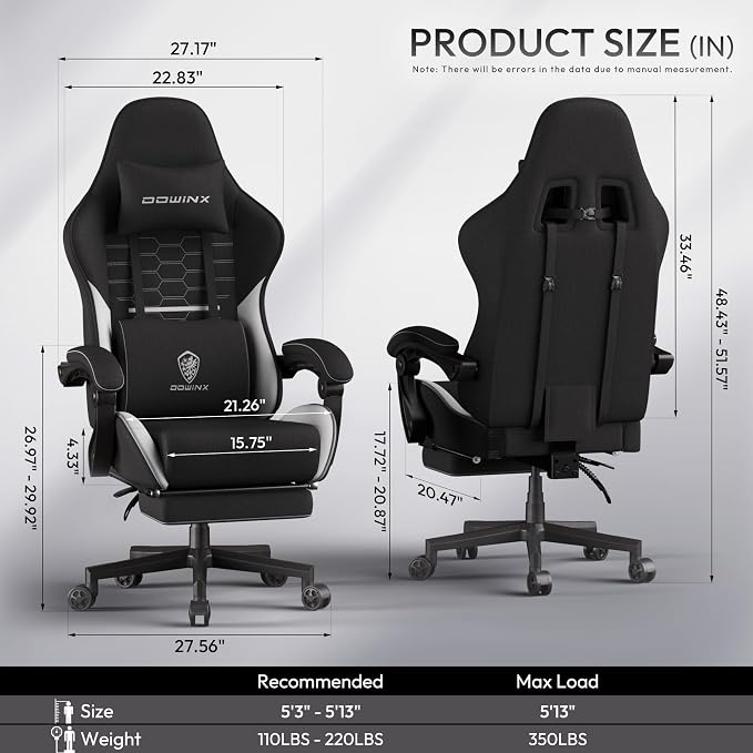 Dowinx Gaming Chair Fabric Big and Tall with Pocket Spring Cushion, Massage Game Chair Cloth with Headrest, Ergonomic Computer Chair with Footrest 350LBS, Black White