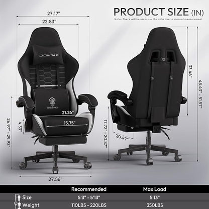Dowinx Gaming Chair Fabric Big and Tall with Pocket Spring Cushion, Massage Game Chair Cloth with Headrest, Ergonomic Computer Chair with Footrest 350LBS, Black White