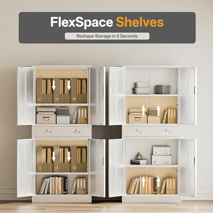 Metal Storage Cabinet with 2 Drawers 71" H,White Metal Garage Cabinets with 2 Lockable Doors and Adjustable Shelves, Locking Cabinet for Home Office,Pantry,Garage,Warehouse
