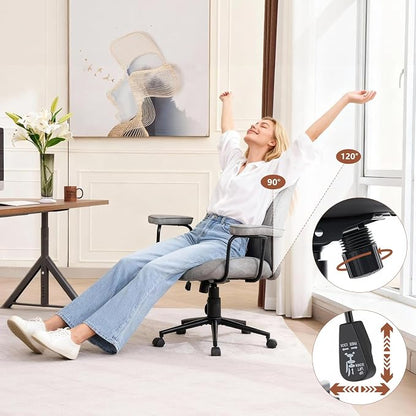 Mid Century Modern Office Chair with Inflatable Lumbar Support, Ergonomic Brown PU Leather Desk Chair with Arms, Height Adjustable Swivel Executive Computer Chair for Home Office, 300lbs
