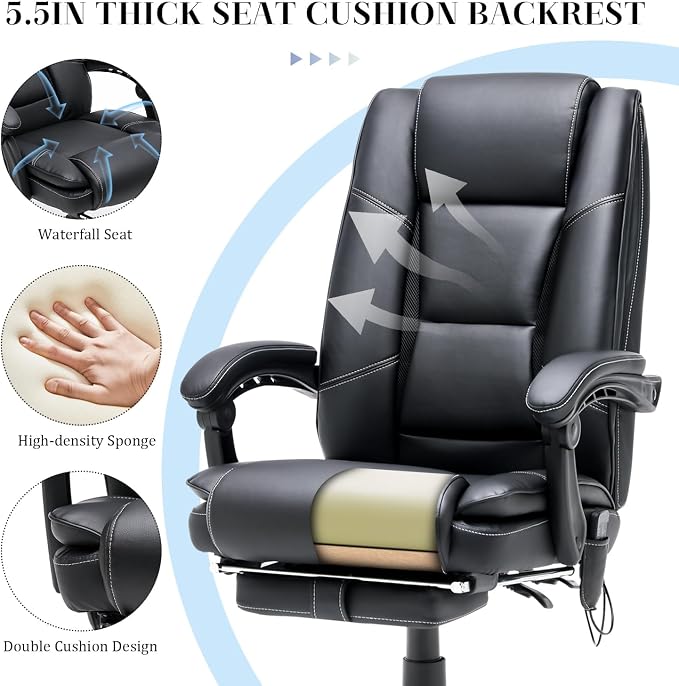 HOMREST Executive Office Chair, Black | Heat and Massage, High-Back PU Leather, Ergonomic with Retractable Footrest, Link Armrests, Reclining Computer Chair