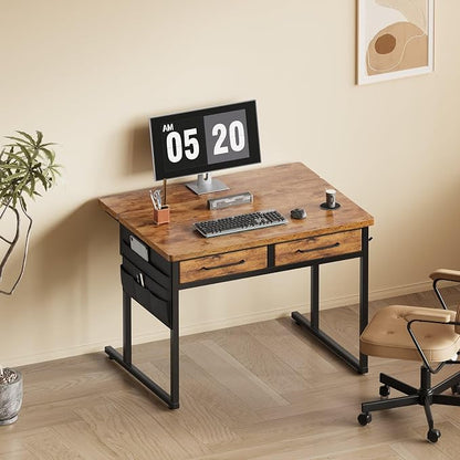 Maihail Small Desk with Drawers, 31.5X15.8-22.9 Inches Office Computer Desk with Side Pocket & Ergonomic Monitor Stand, Writing Table for Small Spaces, Bedroom, Kids Desk, Vanity Desk, Rustic Brown
