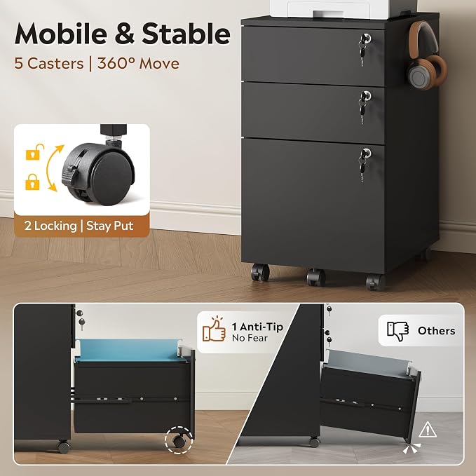 DEVAISE 3 Drawer File Cabinet with Individual Locks, Black | Wood Filing Cabinet for Home Office, Mobile Printer Stand with Wheels, Under Desk Storage for Letter/A4/Legal Size