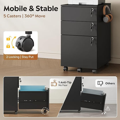 DEVAISE 3 Drawer File Cabinet with Individual Locks, Black | Wood Filing Cabinet for Home Office, Mobile Printer Stand with Wheels, Under Desk Storage for Letter/A4/Legal Size
