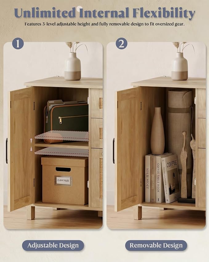 Lateral File Cabinets for Home Office, 3 Drawer and 2 Doors Filing Cabinet with Lock, Wide Rattan Filing Organization Storage Cabinets with Printer Stand for Hanging Files/A4/F4 Size, Natural Wood