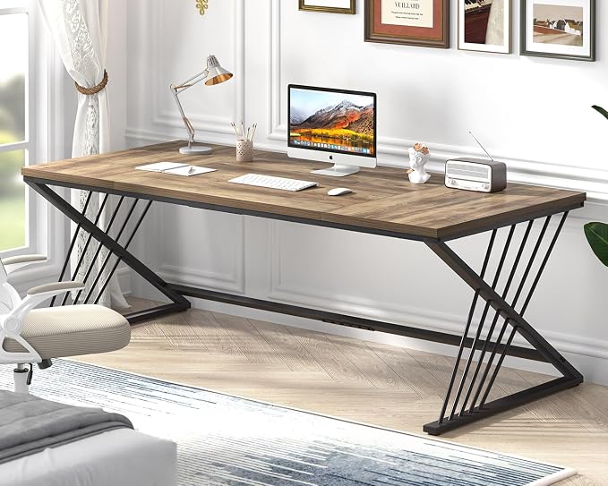 FOLUBAN 70.9" Computer Desk with Z-Shaped Legs, Industrial Work Executive Home Office Desk, Large 2 Person Gaming Study Desk Writing Table, Oak