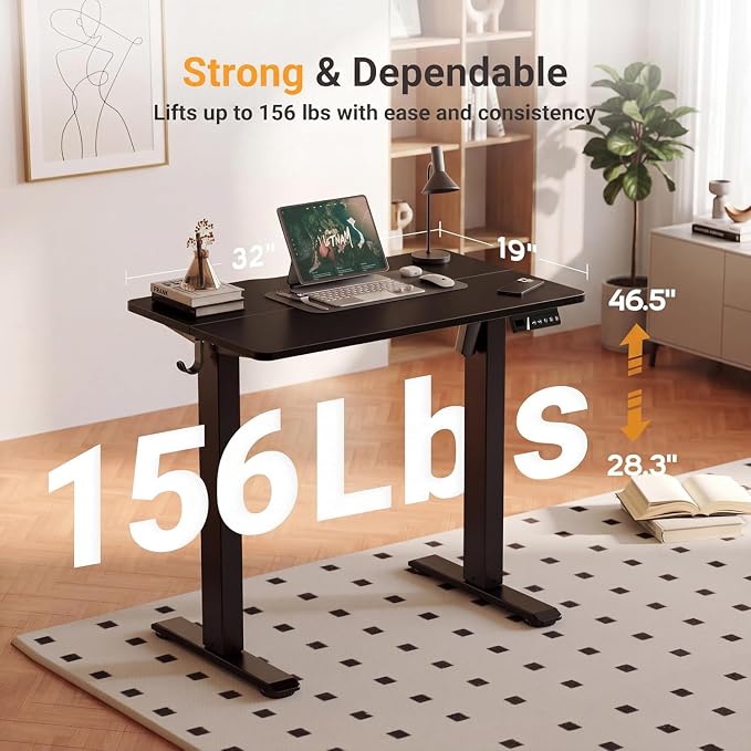 Claiks Electric Standing Desk 32 x 19 Inches, Compact Adjustable Height Motorized Sit Stand Desk with 3 Memory Presets & Cable Management, Space-Saving Computer Workstation for Bedroom, Black