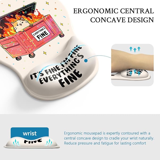 Cat Mouse Pad with Wrist Rest Funny Cute Ergonomic Mousepad Middle Concave | Dumpster on Fire Wrist Support, Office Desk Accessories, Gaming Work Home, Non-Slip Base, for Wireless Mouse Computer Laptop