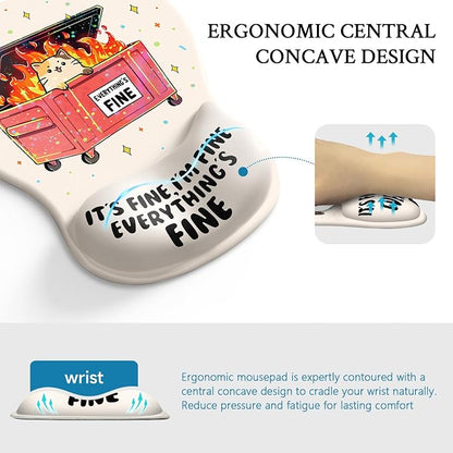 Cat Mouse Pad with Wrist Rest Funny Cute Ergonomic Mousepad Middle Concave | Dumpster on Fire Wrist Support, Office Desk Accessories, Gaming Work Home, Non-Slip Base, for Wireless Mouse Computer Laptop