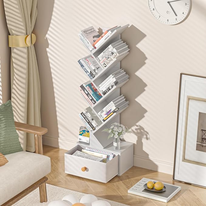 SHEEPAM 8 Tier Tree Bookshelf with Drawer, Free Standing Wood Bookcase for Living Room, Bedroom, Home Office, Space Saving Storage Organizer Bookshelves for Books, CDs, Vinyl Records- White