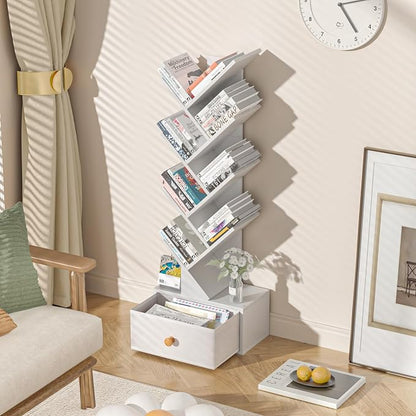 SHEEPAM 8 Tier Tree Bookshelf with Drawer, Free Standing Wood Bookcase for Living Room, Bedroom, Home Office, Space Saving Storage Organizer Bookshelves for Books, CDs, Vinyl Records- White