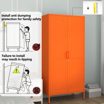 Metal Storage Wardrobe Cabinet with Lock, 67" Armoire Storage Cabinets Locker with Shelves and Hanging Rod, Steel Freestanding Metal Locker for Home Bedroom Orange 67" H X 31.5" W X 18.1" D