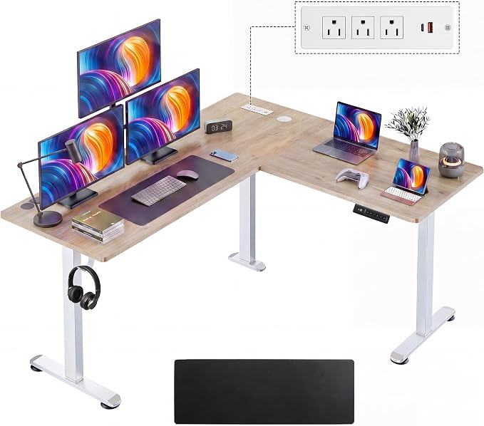63” L Shaped Standing Desk with Charging Station, Supports Left and Right Swapping, Electric Height Adjustable Corner Stand Up Desk. Free Hook, Lockable Wheels,Mouse Pad,Oak