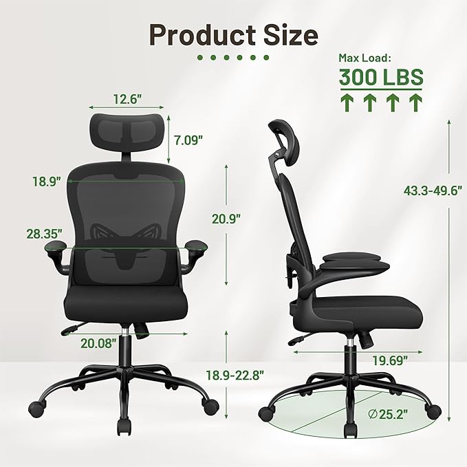 Furmax Ergonomic Office Chair Executive High Back Computer Desk Chair with 3D Headrest, Adjustable Lumbar Support Armrests for Home Office (Black)