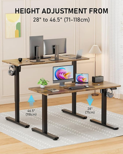 48" Electric Standing Desk Adjustable Height, Sit Stand up Desk for Home Office & Computer Workstation, 2 Memory Height Settings, Splice Board, 2 Hooks, Black Frame/Rustic Brown Top