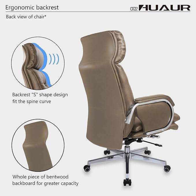 Genuine Leather Modern Executive Chair High-Back Support 90 to 150 Degrees Tilt and Upholstered Home Desk Chair with Base 400LB Capacity Swivel Computer Office Chair (Taupe)
