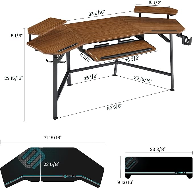 EUREKA ERGONOMIC 72" Gaming Desk W Keyboard Tray, Wing-Shaped Music Studio Desk, Large Computer Table W LED Convertible Monitor Stand Dual Headphone Hanger for Recording Live Streamer, Walnut Wood