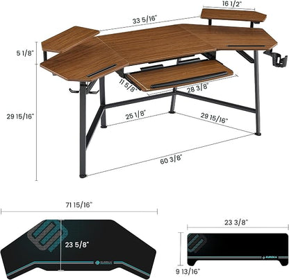 EUREKA ERGONOMIC 72" Gaming Desk W Keyboard Tray, Wing-Shaped Music Studio Desk, Large Computer Table W LED Convertible Monitor Stand Dual Headphone Hanger for Recording Live Streamer, Walnut Wood