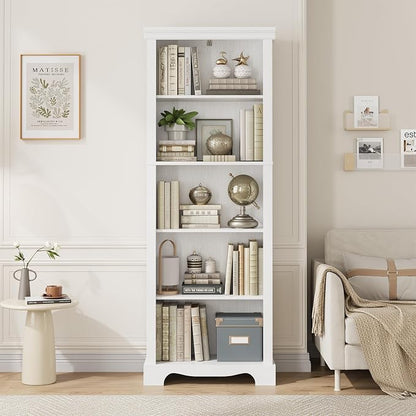 5-Tier Bookshelves and Bookcases, 61.1 inch Tall Bookshelf with Ample Storage Space, Wooden Bookcase, Modern Bookshelf for Study Room, Living Room, Home Office, Bedroom (White)