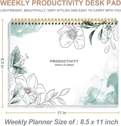 Weekly Productivity Planner - 8.5" x 11" Dashboard Desk Notepad Has 6 Focus Areas to List Tasks for Goals, Projects, Clients, Academic or Meal-Organize Your Daily Work Efficiently, 54 Weeks, Blue Flower