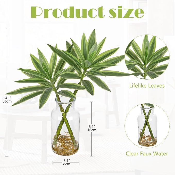 GnFlus Artificial Plants Stems in Glass Vase with Faux Water,Fake Silk Plant Dracaena Leaves for Centerpiece Table Decorations Farmhouse Wedding Home Greenery Decor (Green and Yellow)