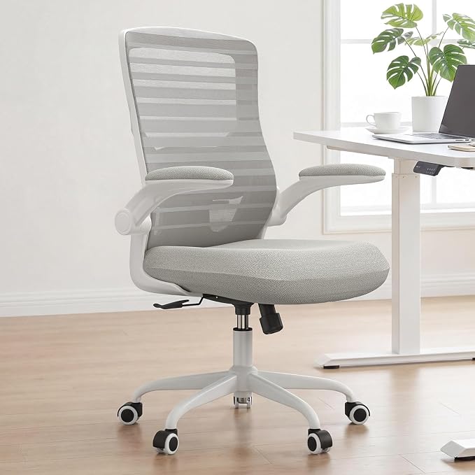 Office Chair for Long Hours & Back Pain Relief – 4" Molded Foam Cushion, Padded Lumbar Support, and Padded Flip-up Armrests, Ideal for Office or Study, Light Gray