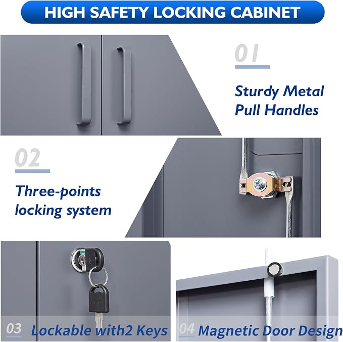 Metal Storage Cabinets with Locking Doors & 2 Adjustable Shelves, Lockable Steel Office Cabinets, Counter Caninet Small Locking Cabnet Locked Tool Cabnets for Home, Office, Garage, Hallway