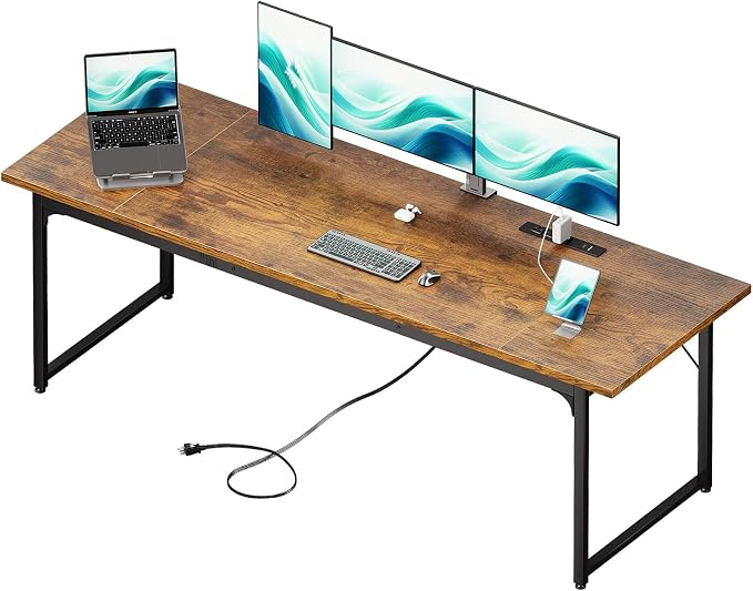 Coleshome 79 Inch Large Computer Desk with Power Outlet, Extra Long Desk for Home Office & Gaming, Spacious Writing Table for Study and Crafting, Rustic Brown