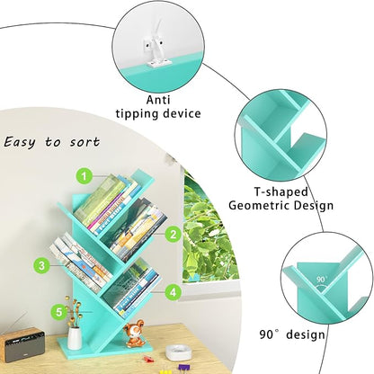 SHEEPAM 5 Tier Tree Book Shelf, Small Desktop Bookshelf with Storage Organizer, Wood Bookcase, Desk Display Bookshelves, Floor Standing Organizer Bookcases for Living Room,Bedroom,Office-Green