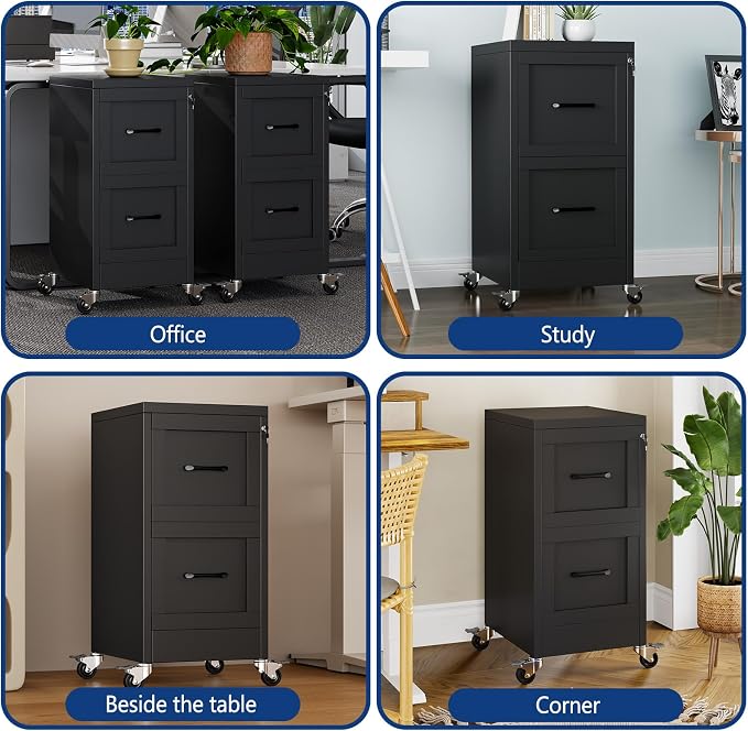 Ckzbx 2 Drawer File Cabinet with Lock, Narrow Vertical Filing Cabinet, Under Desk File Cabinets,Black Metal File Cabinets for Home Office,Fit Letter/A4/Legal Size File (Wheel)