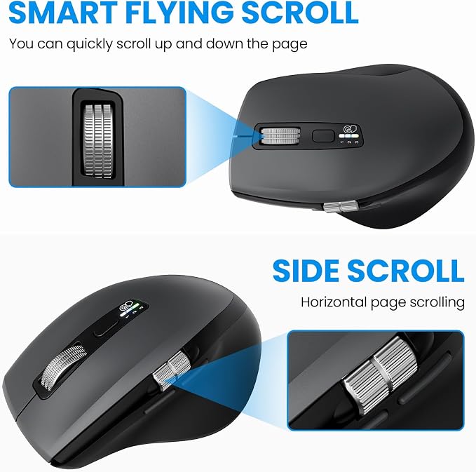 INFINMIND Wireless Side Scroll Mouse with Multi-Device, Ergonomic Computer Mice with Smart Flying Scroll, Quiet Click, 4-Level DPI for Computer, Laptop, iPad, Tablet, MacBook (Grey)