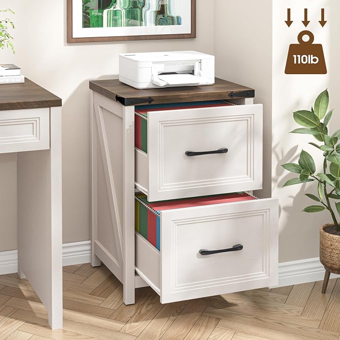 Vabches 2 Drawer Vertical File Cabinet, Wood Farmhouse Filing Cabinet Fits A4/Letter Size, Under Desk Small File Cabinets Printer Stand with Storage for Home Office, White and Brown