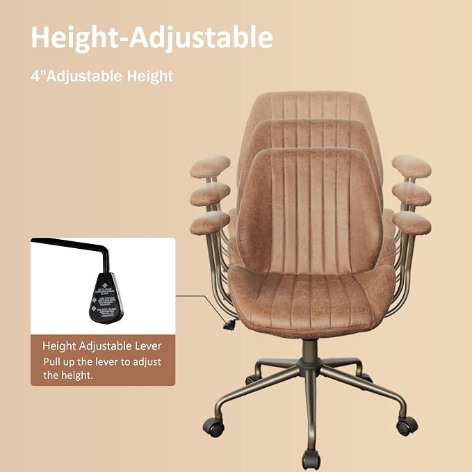 Mid Back Home Office Chair, Mid Century Modern Executive Chair, Comfy Ergonomic Rolling Office Desk Chair with Lumbar Support, Brown Faux Leather Office Chair, Brown