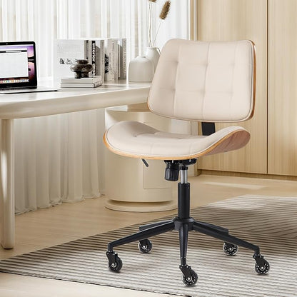 BV Armless Office Chair with Rubber Wheels, 360° Swivel Adjustable Task Chair, PU Leather Rolling Desk Chair for Home Office, Study and Conference Room, Beige