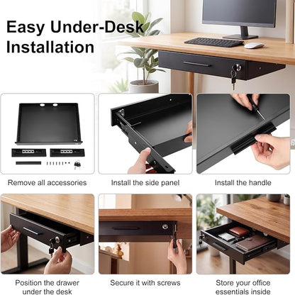 Menkxi 18'' x 12'' Under Desk Drawer Slide Out Storage Organizer, Lockable Metal Desk Drawer for Laptop and Office Accessories, Large Hidden Under Table Storage Box with Cable Management, Black