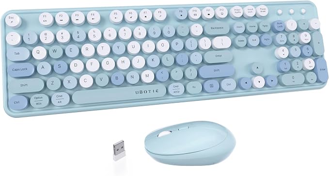 UBOTIE Colorful Wireless Keyboard and Mouse Combos, Retro Typewriter Floating Flexible Full-Sized Keys Computer Keyboard with Optical Mouse, 2.4GHz USB-A Connection for Windows Mac (Blue-Colorful)