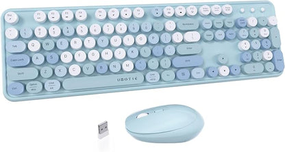 UBOTIE Colorful Wireless Keyboard and Mouse Combos, Retro Typewriter Floating Flexible Full-Sized Keys Computer Keyboard with Optical Mouse, 2.4GHz USB-A Connection for Windows Mac (Blue-Colorful)