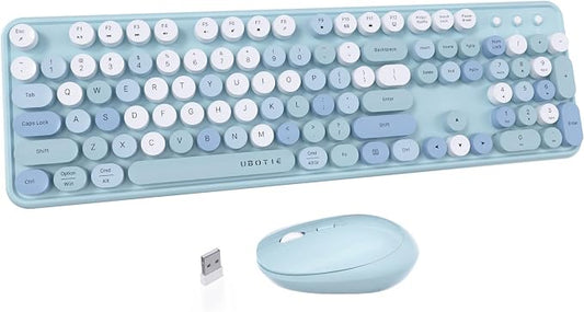UBOTIE Colorful Wireless Keyboard and Mouse Combos, Retro Typewriter Floating Flexible Full-Sized Keys Computer Keyboard with Optical Mouse, 2.4GHz USB-A Connection for Windows Mac (Blue-Colorful)