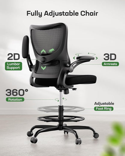Marsail Drafting Chair, Tall Office Chair with 2D Lumbar Support, Standing Desk Chair with Padded Flip-Up Armrests & Adjustable Footrest Ring, Black,Pack of 10