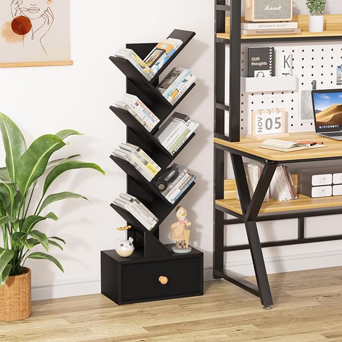SHEEPAM 8 Tier Tree Bookshelf with Drawer, Free Standing Wood Bookcase for Living Room, Bedroom, Home Office, Space Saving Storage Organizer Bookshelves for Books, CDs, Vinyl Records- Black
