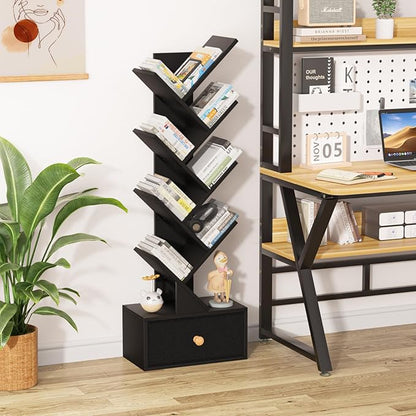 SHEEPAM 8 Tier Tree Bookshelf with Drawer, Free Standing Wood Bookcase for Living Room, Bedroom, Home Office, Space Saving Storage Organizer Bookshelves for Books, CDs, Vinyl Records- Black