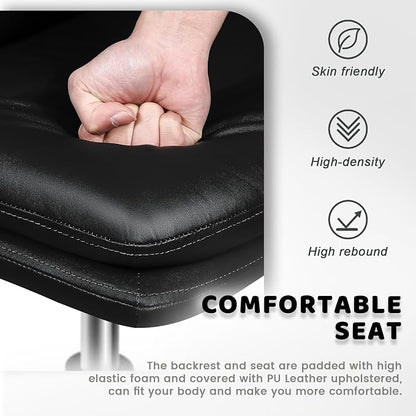 LEMBERI PU Leather Armless Office Desk Chair No Wheels,Criss Cross Legged Wide Padded Swivel Vanity Chair,120°Rocking Mid Back Ergonomic Computer Task Chair for Home, Make Up,Small Space,Black