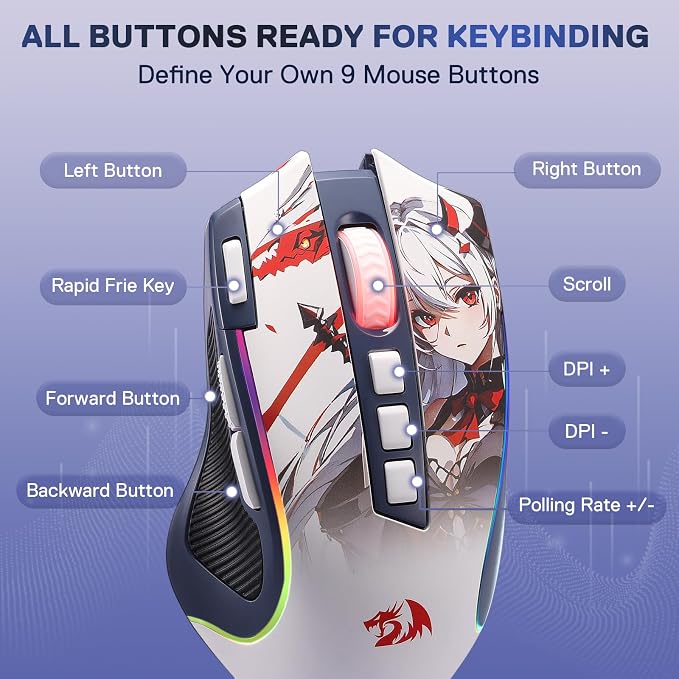 Redragon M612AK PRO RGB Anime Gaming Mouse, 8000 DPI Wired/Wireless Optical Mouse with 9 Programmable Buttons & 7 Backlit Modes, BT & 2.4G Wireless, Software Supports DIY Keybinds Rapid Fire Button