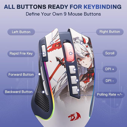 Redragon M612AK PRO RGB Anime Gaming Mouse, 8000 DPI Wired/Wireless Optical Mouse with 9 Programmable Buttons & 7 Backlit Modes, BT & 2.4G Wireless, Software Supports DIY Keybinds Rapid Fire Button