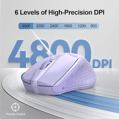TECKNET Wireless Mouse (2.4G & BT5.0/3.0) Silent 4800 DPI Computer USB A & Bluetooth Mouse 6 Buttons, Wide Compatibility - Lavender