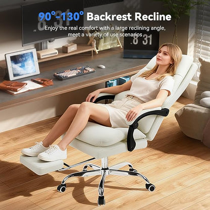 Holiwei Office Chair with Footrest, Big and Tall 400lbs Executive Desk Chair with Thickened Lumbar Support Pillow, High Back PU Leather Reclining Computer Chair, Ergonomic Swivel Task Chair, White